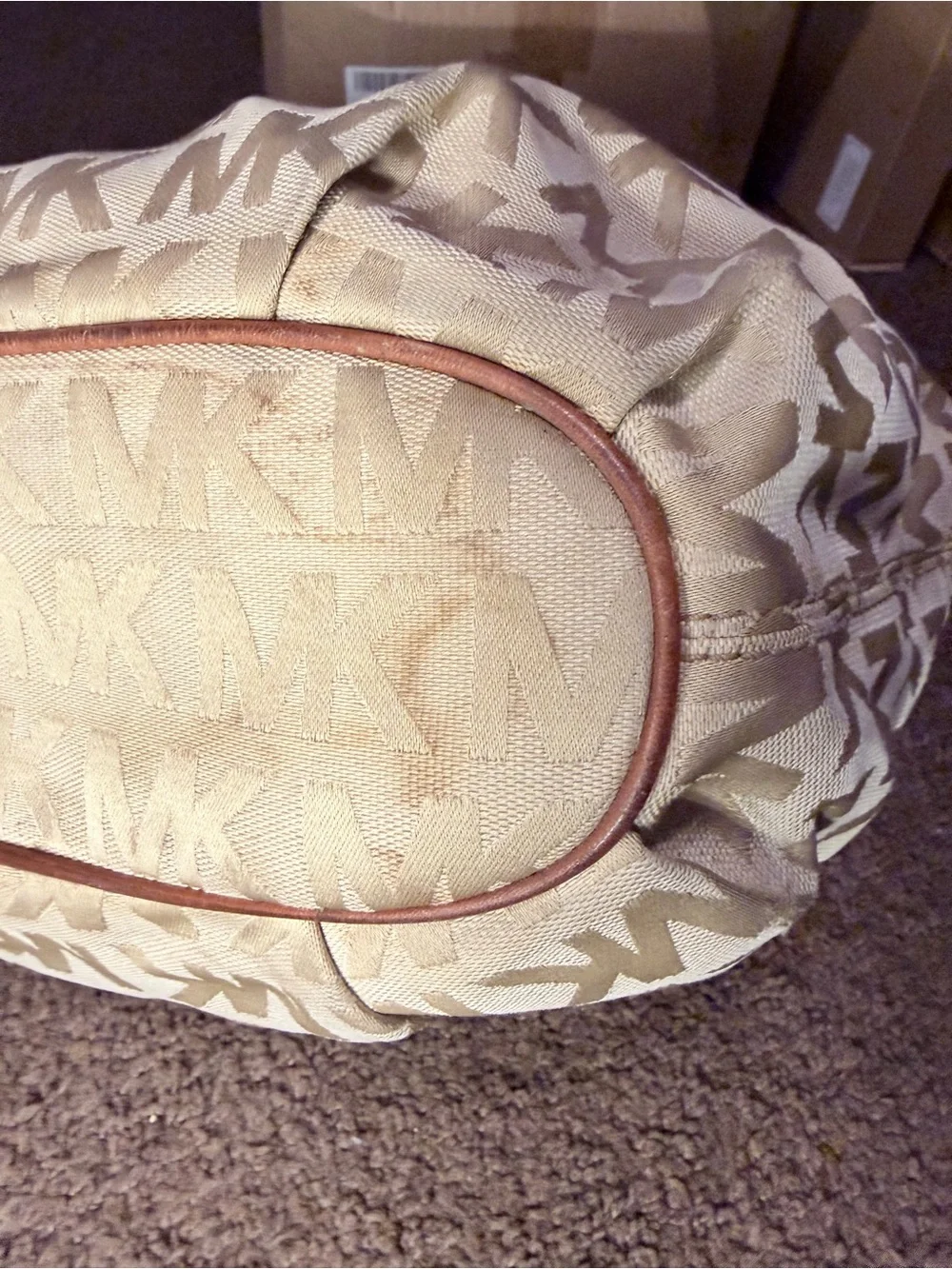 Michael Kors Beige MK Logo Drawstring Hobo with Brown Leather Handles